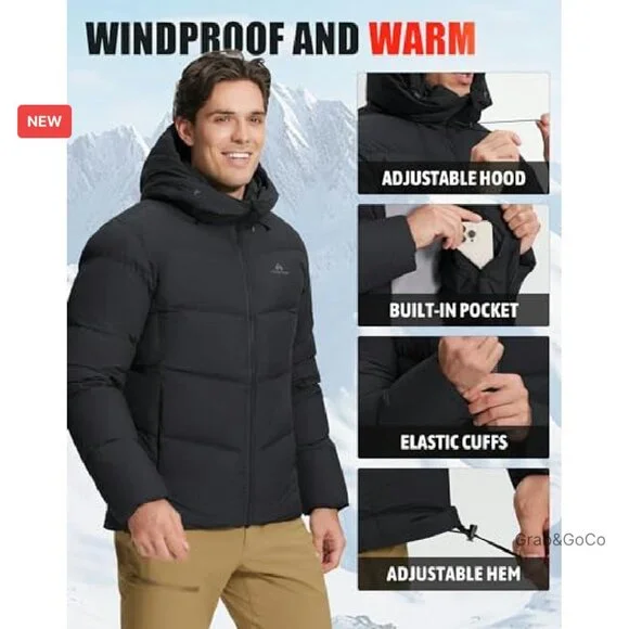 Men's Down Puffer Jacket 700 Fill Insulated Winter Coat Water-Repellent